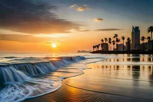 le Soleil ensembles plus de le plage et paume des arbres. généré par ai photo