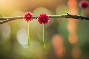 deux rouge fleurs sur une branche. généré par ai photo