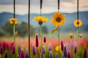 une champ de fleurs avec une tournesol dans le milieu. généré par ai photo