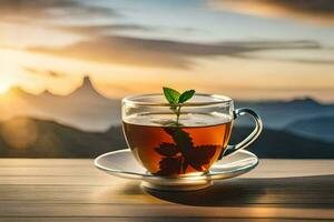 une tasse de thé sur une Montagne Haut. généré par ai photo