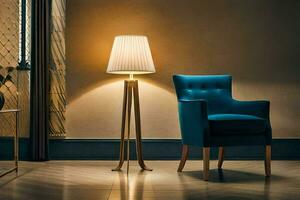 une bleu chaise et lampe dans une chambre. généré par ai photo