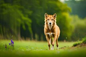 une chien en marchant dans une champ. généré par ai photo