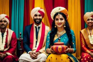 Indien mariage la cérémonie avec la mariée et jeune marié. généré par ai photo