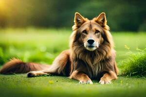 une marron chien pose dans le herbe. généré par ai photo