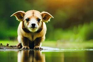 une petit chien permanent dans le l'eau. généré par ai photo