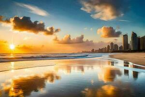 le Soleil ensembles plus de le ville horizon sur une plage. généré par ai photo