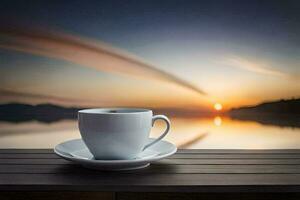 une tasse de café sur une en bois table avec une magnifique le coucher du soleil dans le Contexte. généré par ai photo