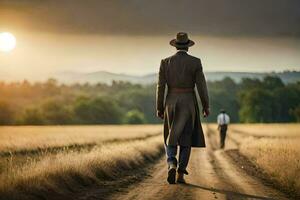 une homme dans une chapeau et manteau en marchant vers le bas une saleté route. généré par ai photo