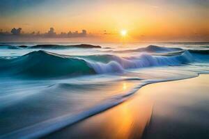 le Soleil monte plus de le océan vagues. généré par ai photo