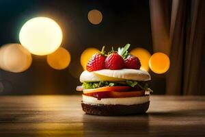 une fraise et fromage sandwich sur une en bois tableau. généré par ai photo