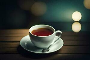 une tasse de thé est assis sur une en bois table avec une flou Contexte. généré par ai photo