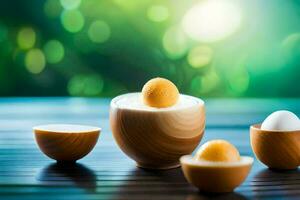 Trois des œufs dans en bois boules sur une tableau. généré par ai photo