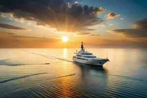 une yacht voile dans le océan à le coucher du soleil. généré par ai photo