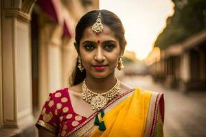 une magnifique Indien femme dans une Jaune sari. généré par ai photo