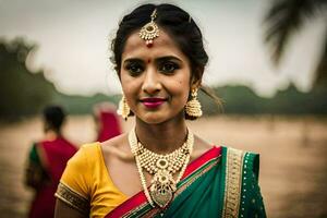 une femme dans une sari pose pour le caméra. généré par ai photo