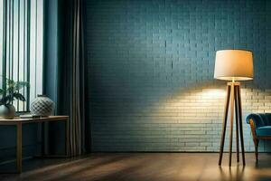 une bleu pièce avec une lampe et une chaise. généré par ai photo