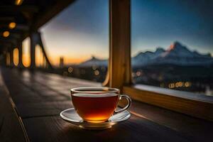 une tasse de thé sur une en bois table dans de face de une fenêtre avec montagnes dans le Contexte. généré par ai photo