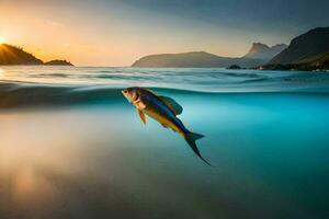 une poisson nager dans le océan à le coucher du soleil. généré par ai photo