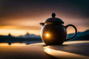 une théière est séance sur une table avec le Soleil brillant. généré par ai photo