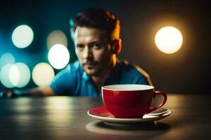 homme séance à une table avec une tasse de café. généré par ai photo