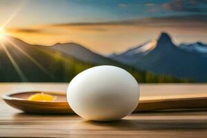 Oeuf sur une en bois table avec montagnes dans le Contexte. généré par ai photo