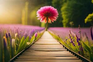 une en bois chemin pistes à une violet fleur. généré par ai photo