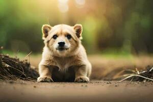 une chiot séance sur le sol dans le les bois. généré par ai photo