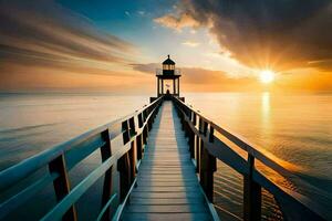 une phare des stands sur une jetée à le coucher du soleil. généré par ai photo