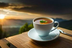 une tasse de thé sur une en bois table avec une vue de le le coucher du soleil. généré par ai photo