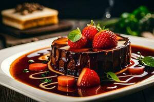 une dessert avec des fraises et Chocolat sauce sur une blanc plaque. généré par ai photo