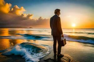 une homme dans une costume des stands sur le plage à le coucher du soleil. généré par ai photo