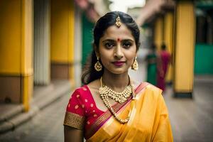 une femme dans une Jaune sari et or bijoux. généré par ai photo