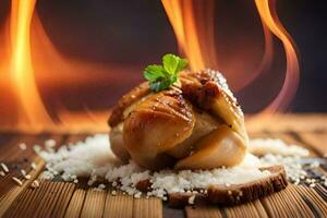 une pièce de poulet sur Haut de riz avec une flamme. généré par ai photo