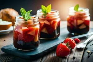 Trois pots de fruit et baies avec une cuillère. généré par ai photo