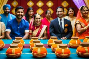 Indien mariage la cérémonie avec famille et amis. généré par ai photo