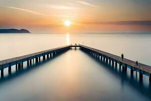 une longue exposition photo de une jetée à le coucher du soleil. généré par ai