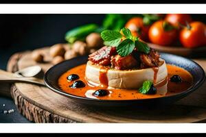 une assiette avec une plat de nourriture et tomates. généré par ai photo