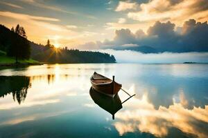 une bateau sur une Lac à le coucher du soleil avec des nuages et des arbres. généré par ai photo