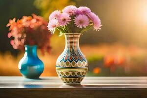 deux des vases avec fleurs sur une table dans de face de une le coucher du soleil. généré par ai photo