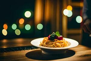 une assiette de spaghetti sur une table dans de face de une allumé en haut Contexte. généré par ai photo