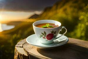 une tasse de thé sur une en bois table avec une le coucher du soleil dans le Contexte. généré par ai photo