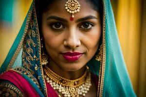 une magnifique Indien femme portant une traditionnel sari. généré par ai photo