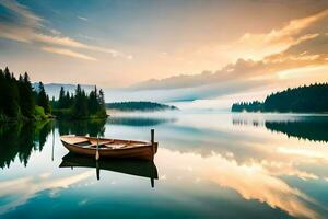 une bateau sur une Lac à lever du soleil. généré par ai photo