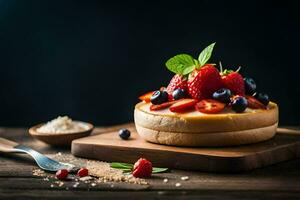 une cheesecake avec baies et une cuillère. généré par ai photo