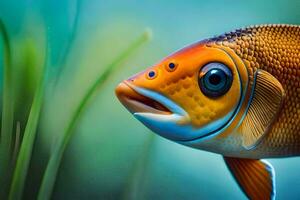 une proche en haut de une poisson avec gros yeux. généré par ai photo