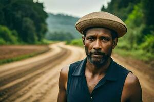 une homme portant une chapeau des stands sur une saleté route. généré par ai photo