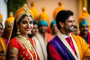 une la mariée et jeune marié dans traditionnel Indien tenue. généré par ai photo