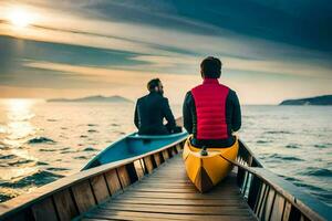 deux gens dans une canoë sur le océan. généré par ai photo