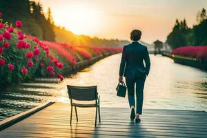 une homme dans une costume des promenades sur une Dock avec fleurs dans le Contexte. généré par ai photo