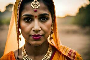 une femme dans un Orange sari avec or bijoux. généré par ai photo